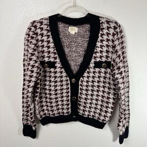 Maeve NWOT Chunky Soft Knit Houndstooth Cardigan Gold Hardware Sweater Size XS